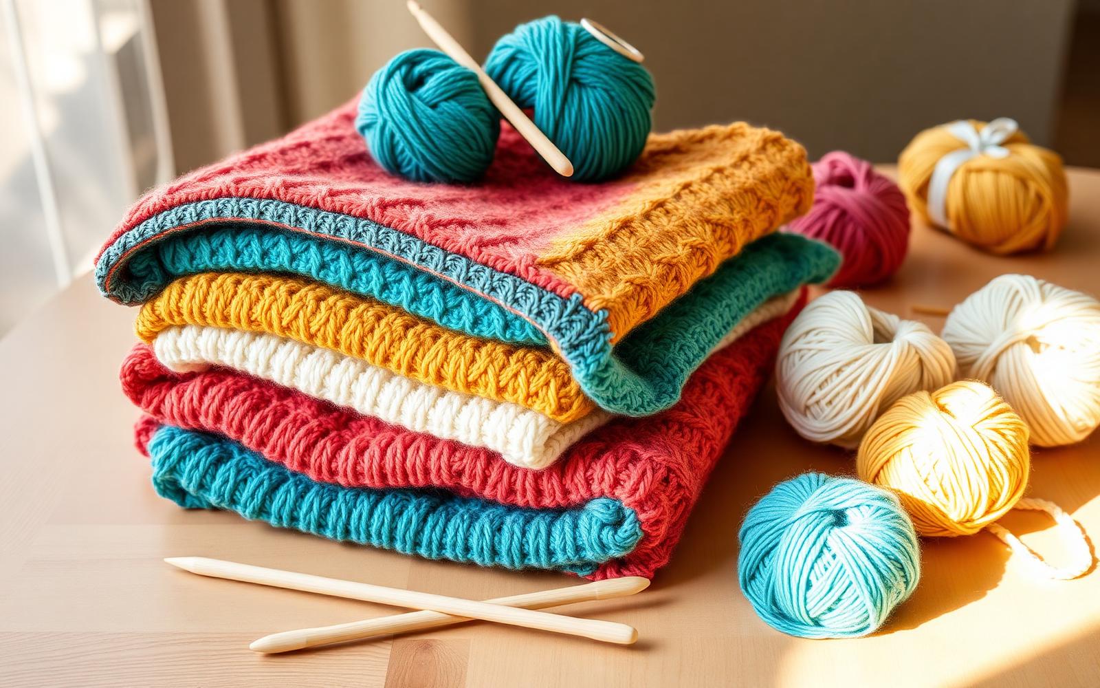 A stack of colorful hand-knitted blankets with yarn and knitting needles